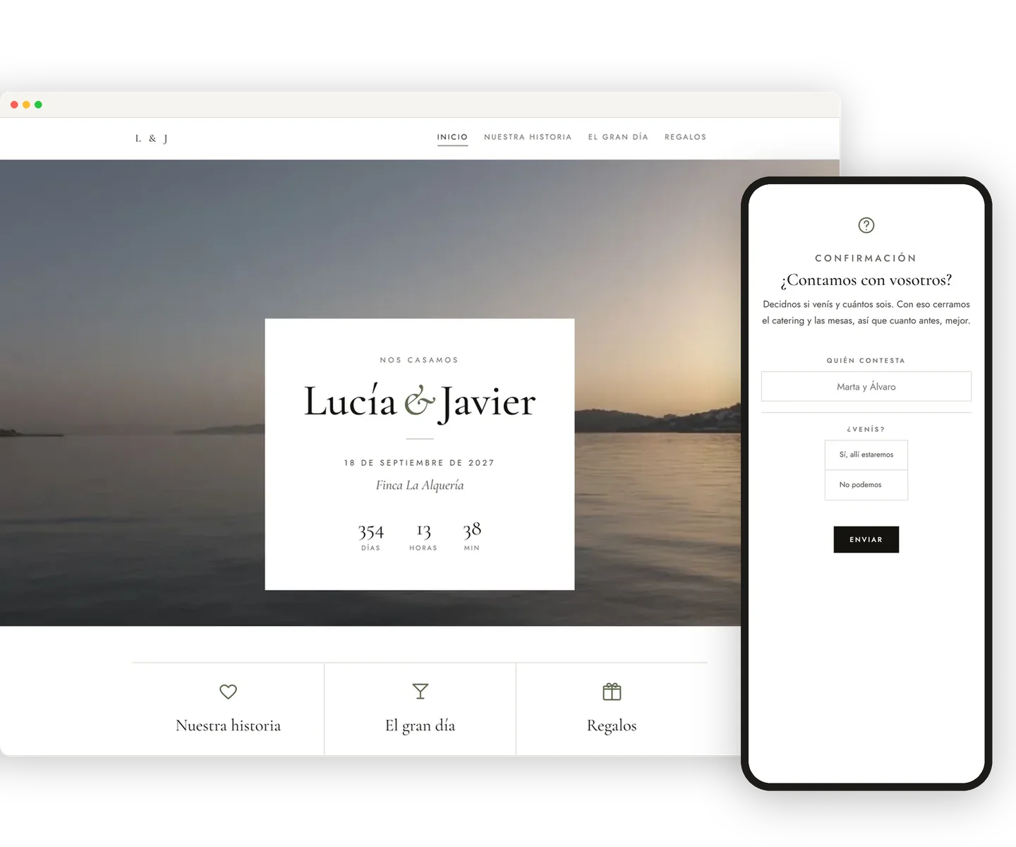 La web de una boda de ejemplo en un portátil y el formulario de confirmación en un móvil